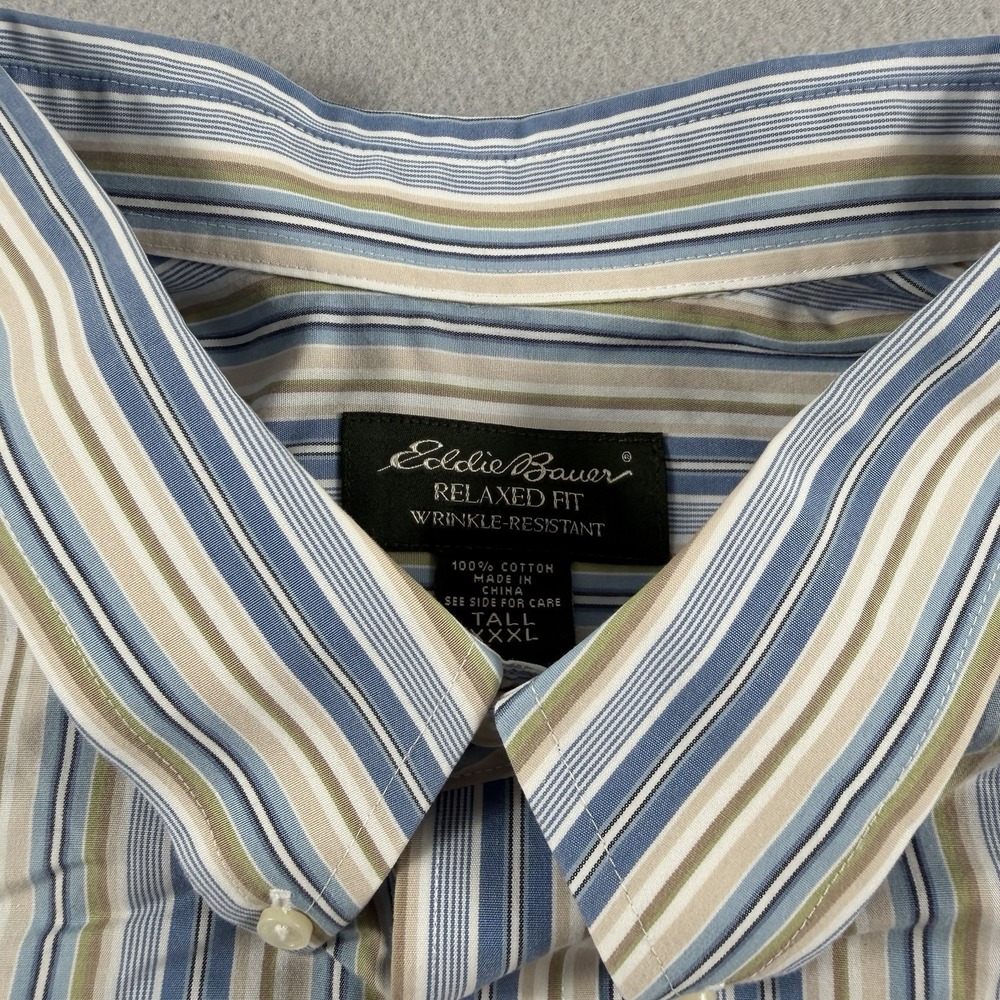 Eddie Bauer Mens XXXL Tall Blue Stripe Button Front Shirt Cotton Short Sleeve - Picture 4 of 7